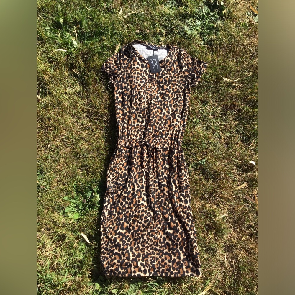Brigitte Brianna Leopard Print Baseball Tee Mini Dress Pockets Stretchy Size M